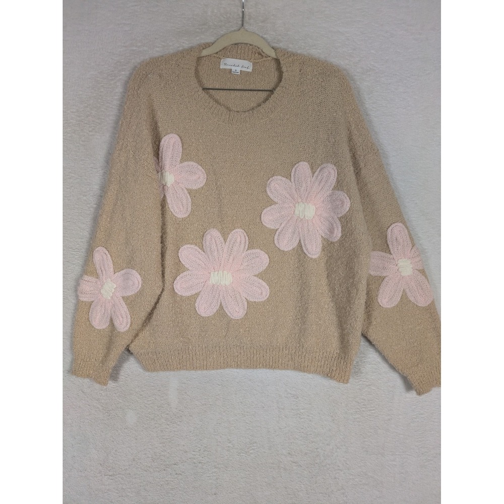Threaded Leaf Sweater Women's S Tan Pink Floral Applique Oversized Crew Neck